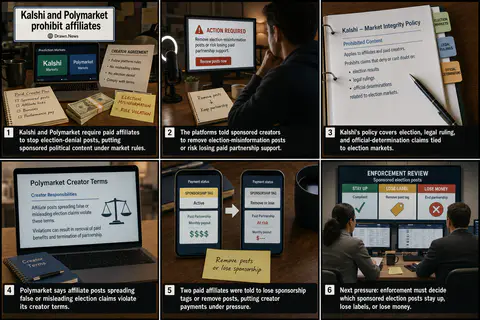 Drawn.News visual brief: Kalshi and Polymarket prohibit affiliates from spreading election misinformation