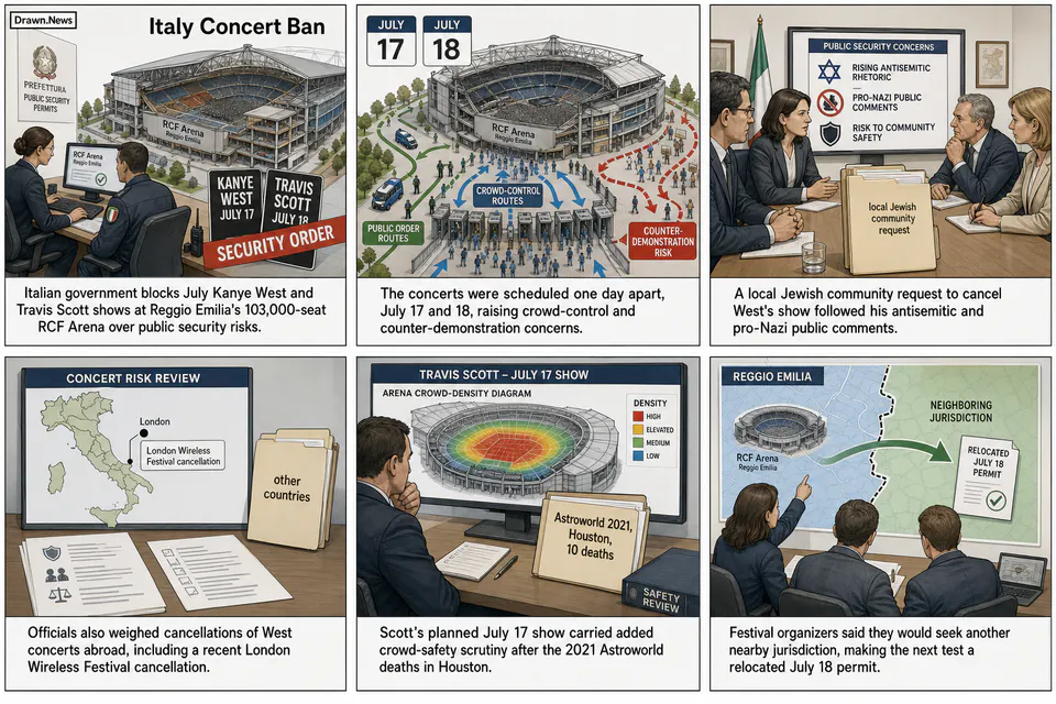 Drawn.News visual brief: Kanye West and Travis Scott Concerts Banned in Italy