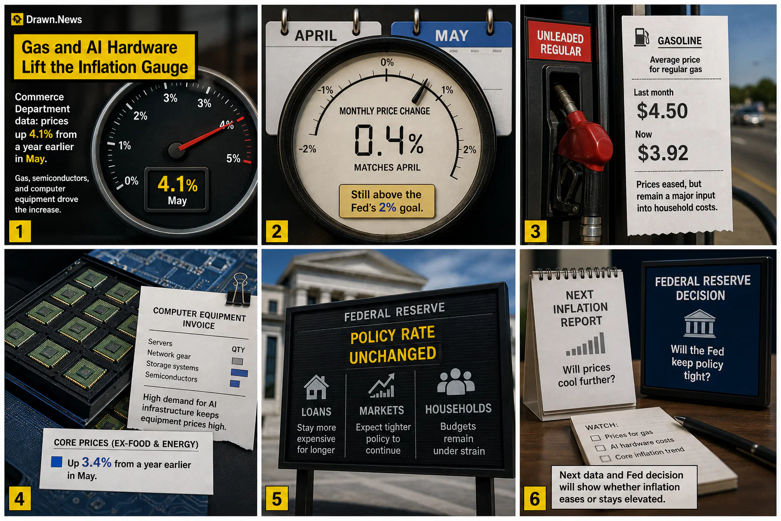 Drawn.News visual brief: Gas and AI Hardware Prices Lift the Fed Inflation Gauge