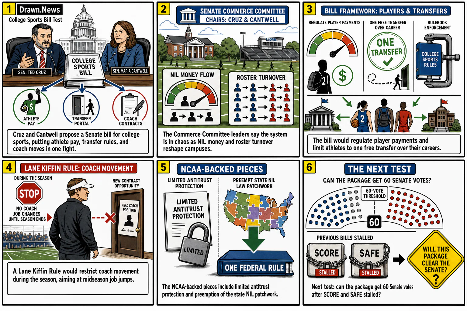 Drawn.News visual brief: Key Sens. Cruz, Cantwell look to break college sports logjam in Congress with a bipartisan bill