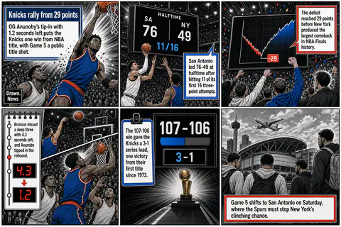 Drawn.News visual brief: Knicks rally from 29 points down to beat Spurs 107-106