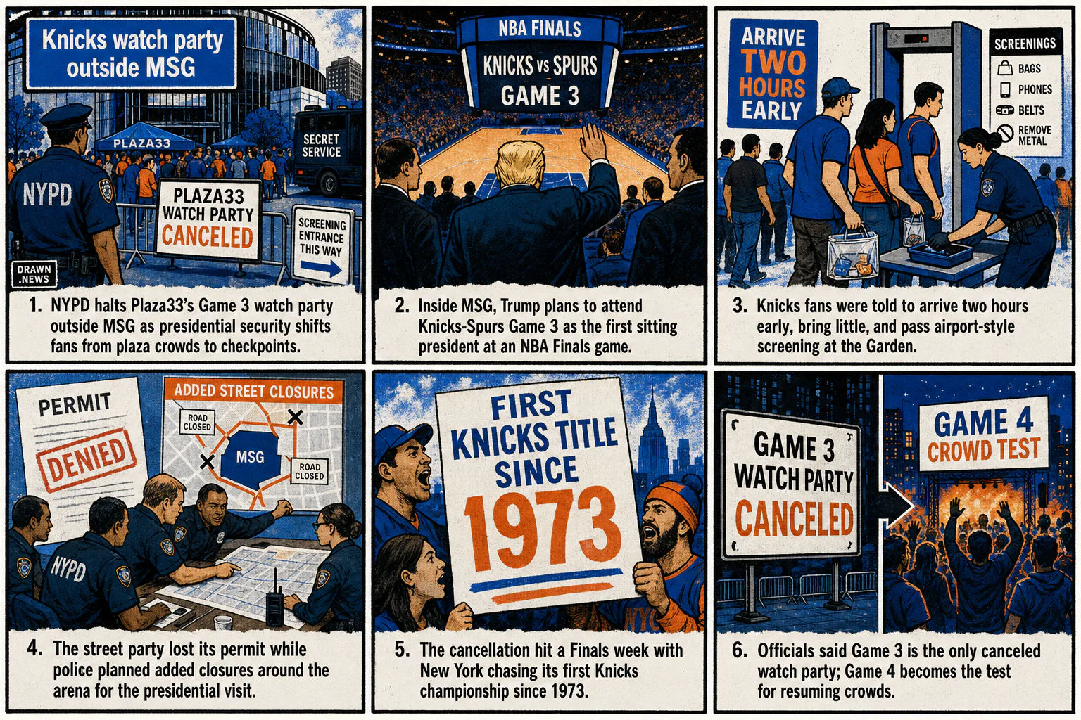Drawn.News visual brief: Knicks watch party outside MSG canceled due to Trump’s planned attendance