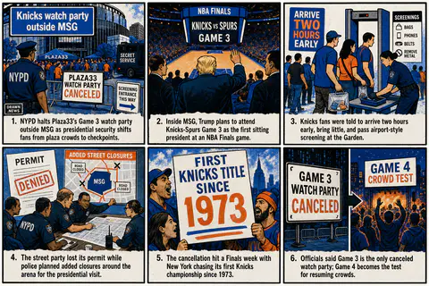 Drawn.News visual brief: Knicks watch party outside MSG canceled due to Trump’s planned attendance