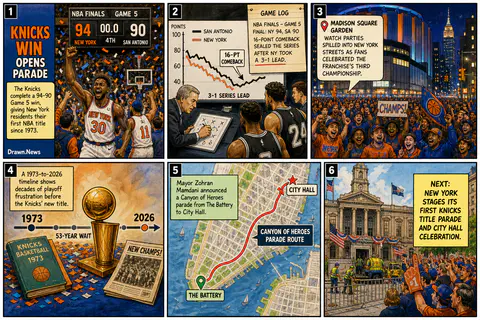 Drawn.News visual brief: Knicks Title Win Starts Parade