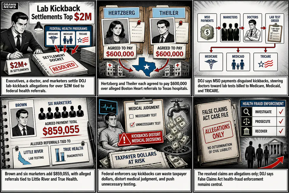 Drawn.News visual brief: Lab Kickback Settlements Top $2M