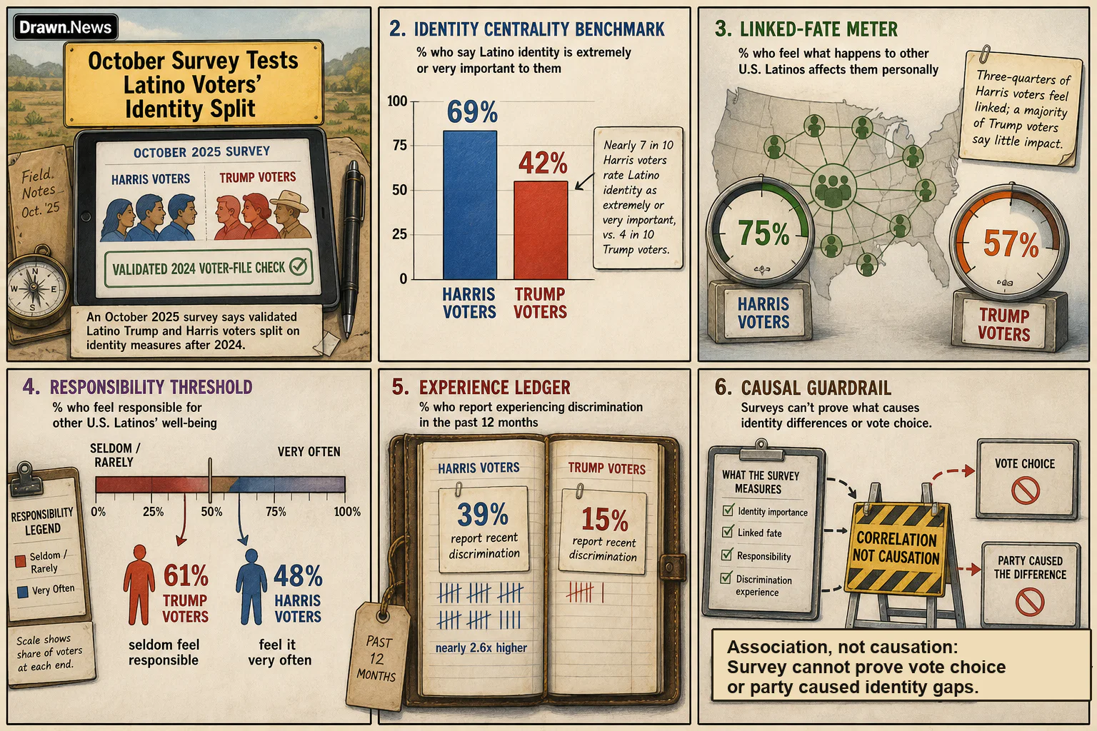 Drawn.News visual brief: Trump-Harris Survey Tests Latino Voters' Identity Split