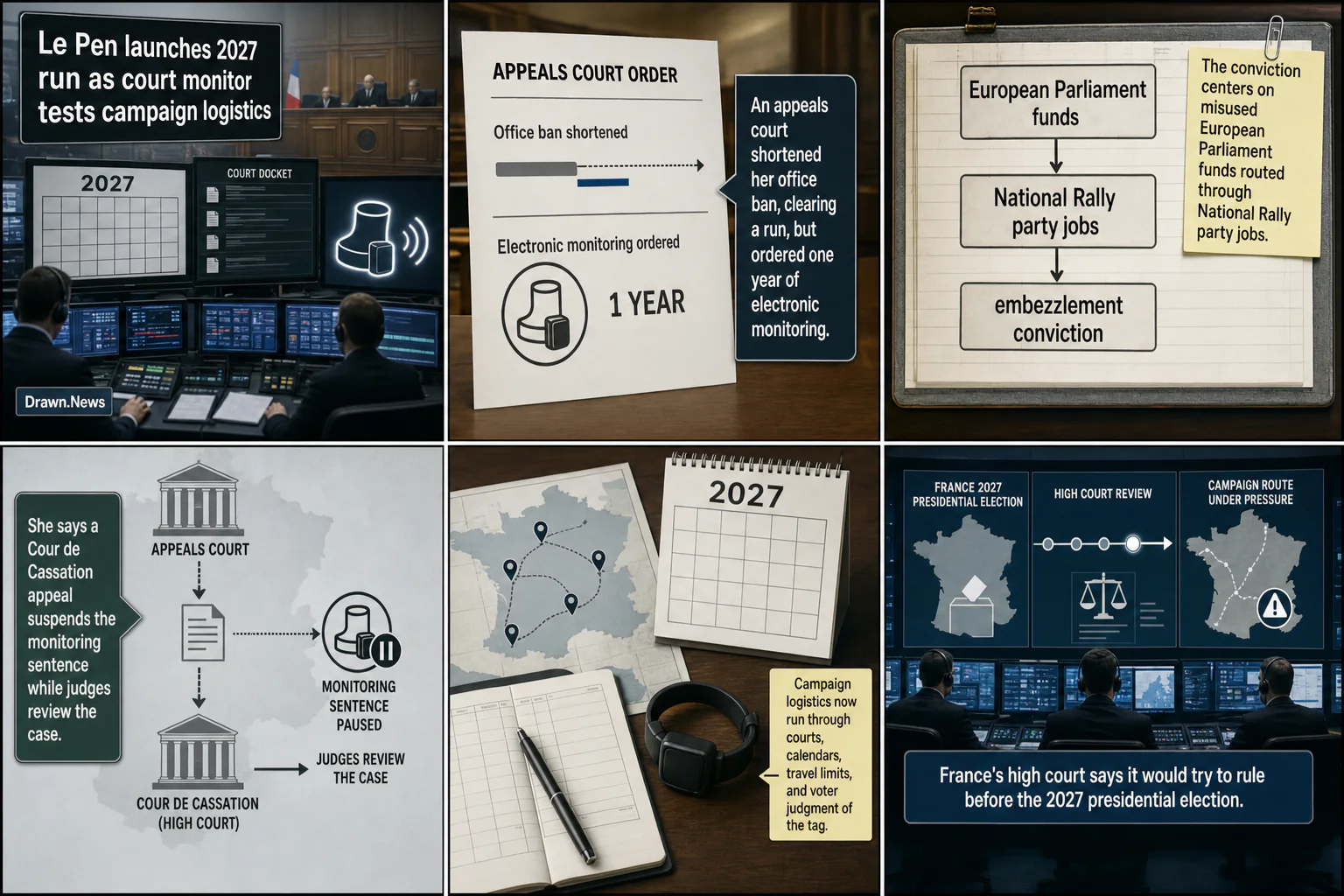 Drawn.News visual brief: Le Pen launches 2027 run as court monitor tests campaign logistics