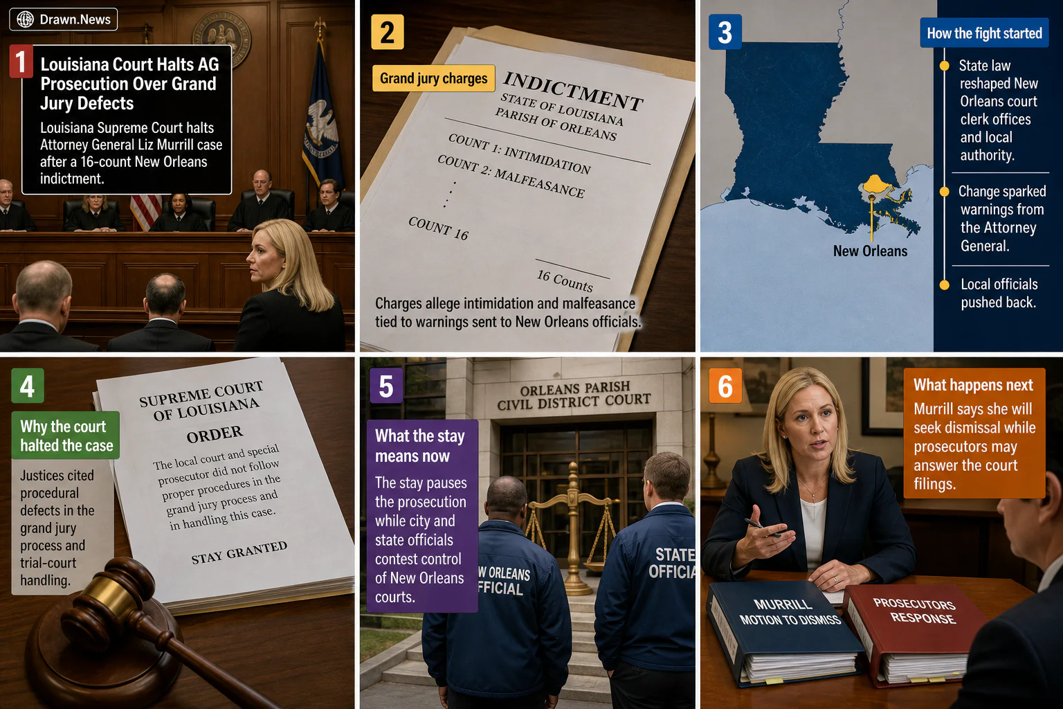 Drawn.News visual brief: Louisiana Court Halts AG Prosecution Over Grand Jury Defects