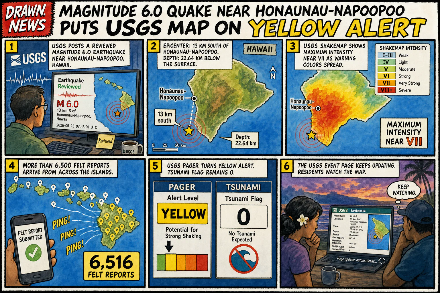 Drawn.News visual brief: Magnitude 6.0 quake near Honaunau-Napoopoo puts USGS map on yellow alert