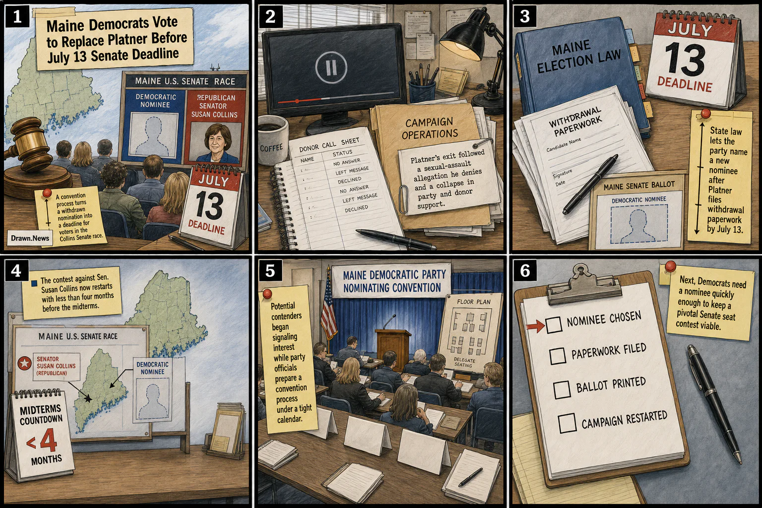 Drawn.News visual brief: Maine Democrats Vote to Replace Platner Before July 13 Senate Deadline