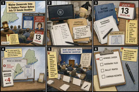 Drawn.News visual brief: Maine Democrats Vote to Replace Platner Before July 13 Senate Deadline