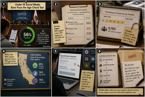Drawn.News visual brief: Under-16 Social Media Bans Face the Age-Check Test
