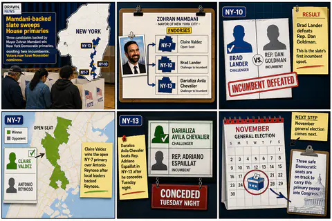 Drawn.News visual brief: Mamdani-backed slate sweeps House primaries