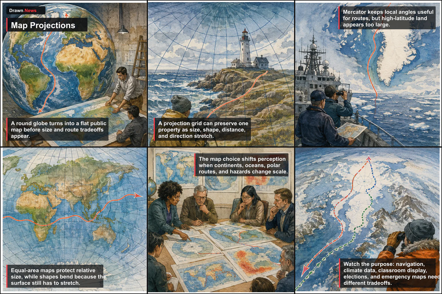 Drawn.News visual brief: Map Projections, Explained