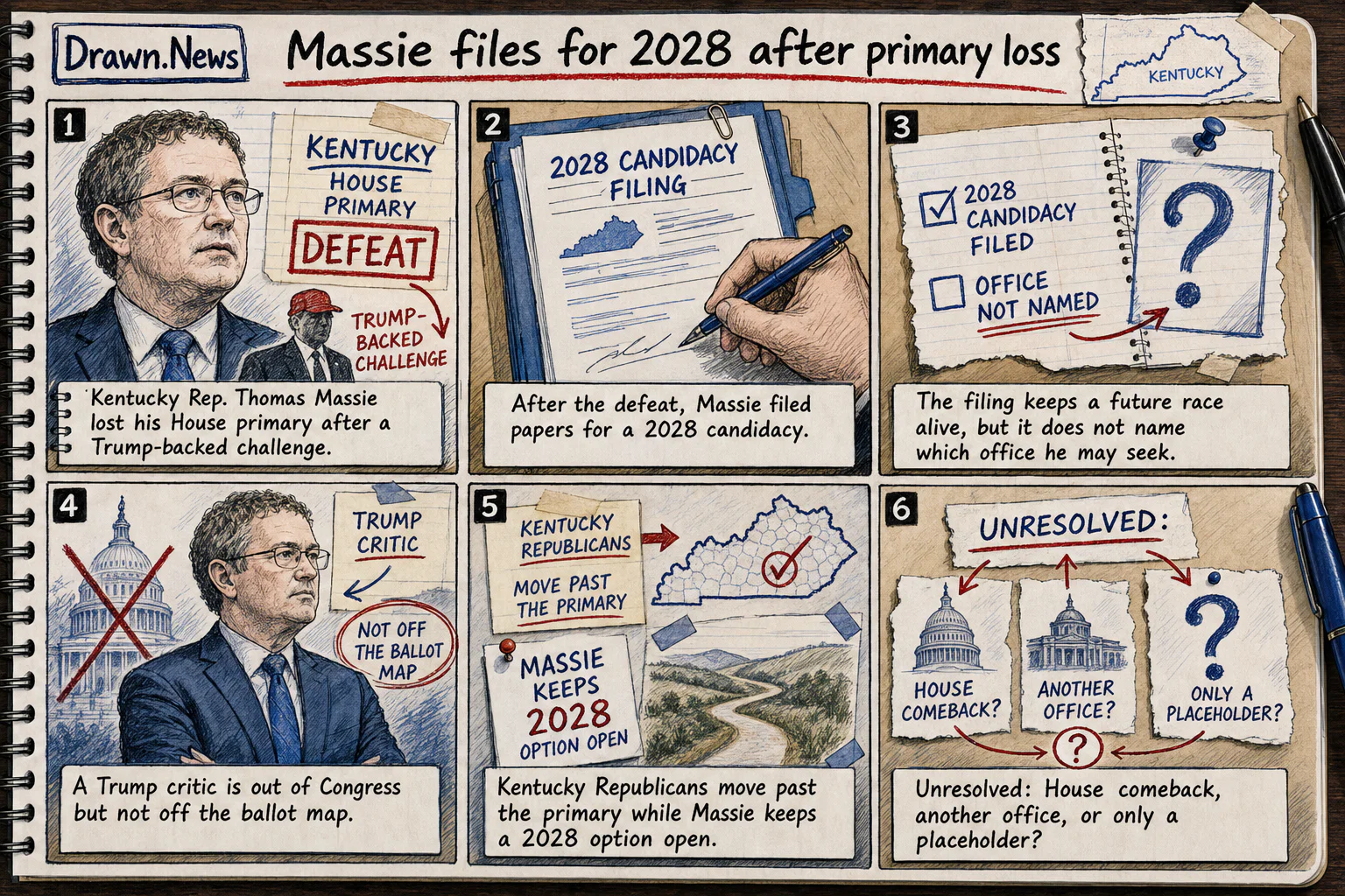Drawn.News visual brief: Massie files to run in 2028 after losing House primary