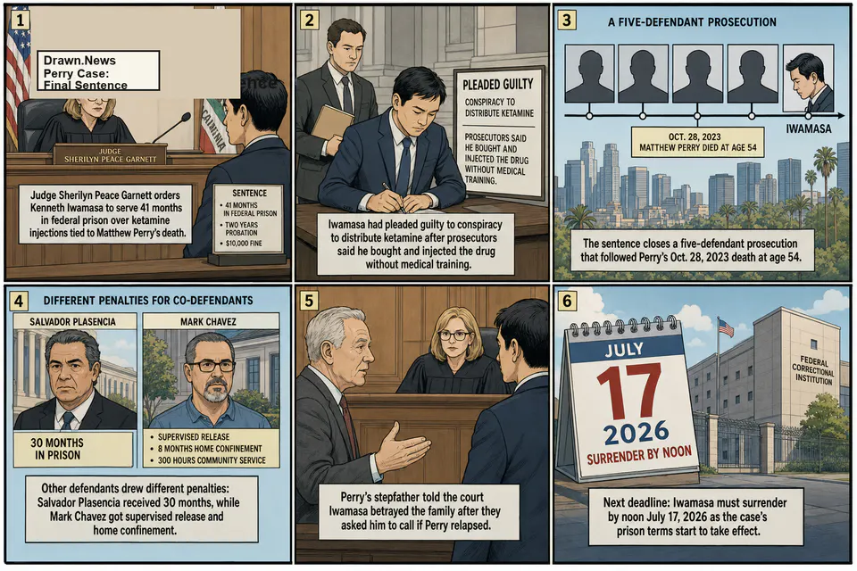 Drawn.News comic: Matthew Perry’s Assistant, Kenneth Iwamasa, Sentenced to More Than 3 Years in Prison