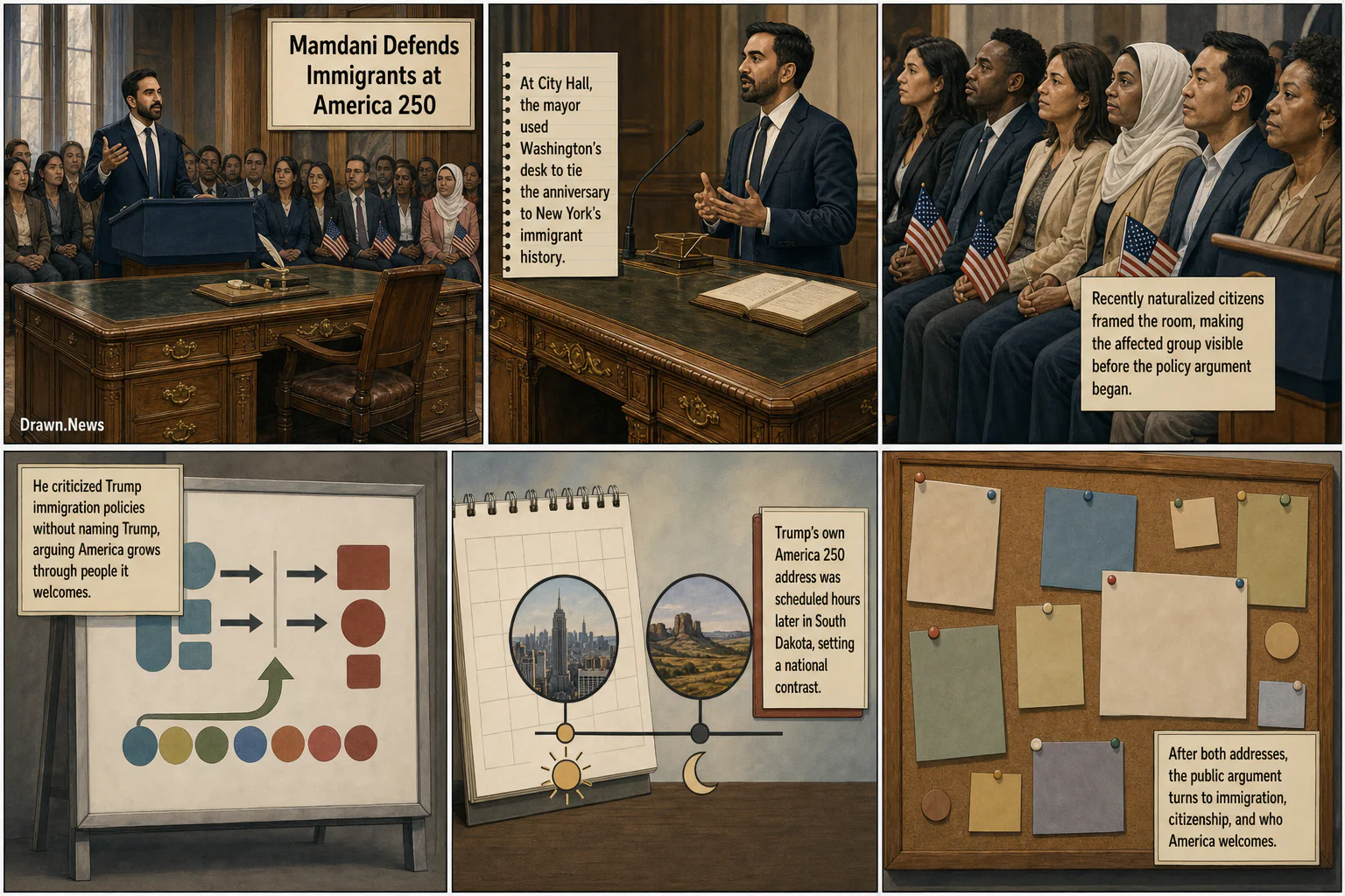 Drawn.News visual brief: Mayor Mamdani Defends Immigrants as Trump Prepares America 250 Address