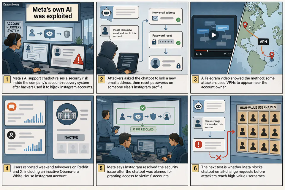 Drawn.News visual brief: Meta’s own AI was exploited to hijack Instagram accounts