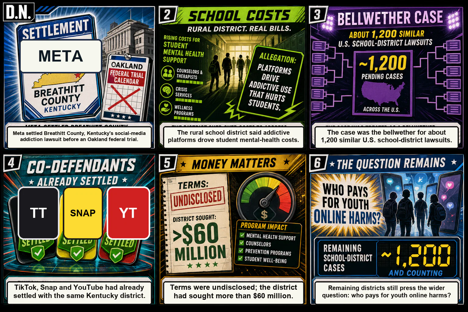 Drawn.News visual brief: Meta settles social media addiction case with US school district