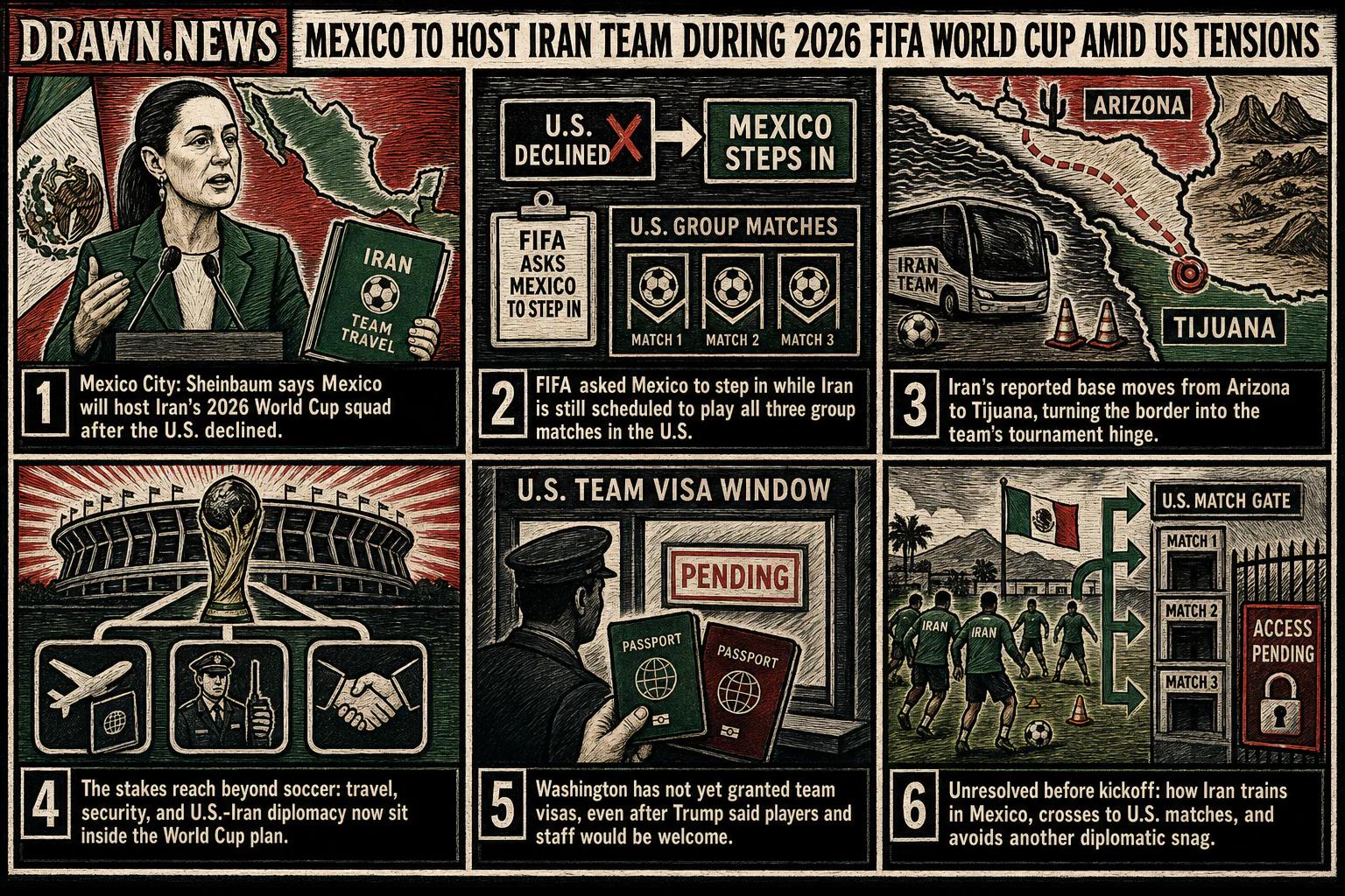Drawn.News visual brief: Mexico to host Iran team during 2026 FIFA World Cup amid US tensions