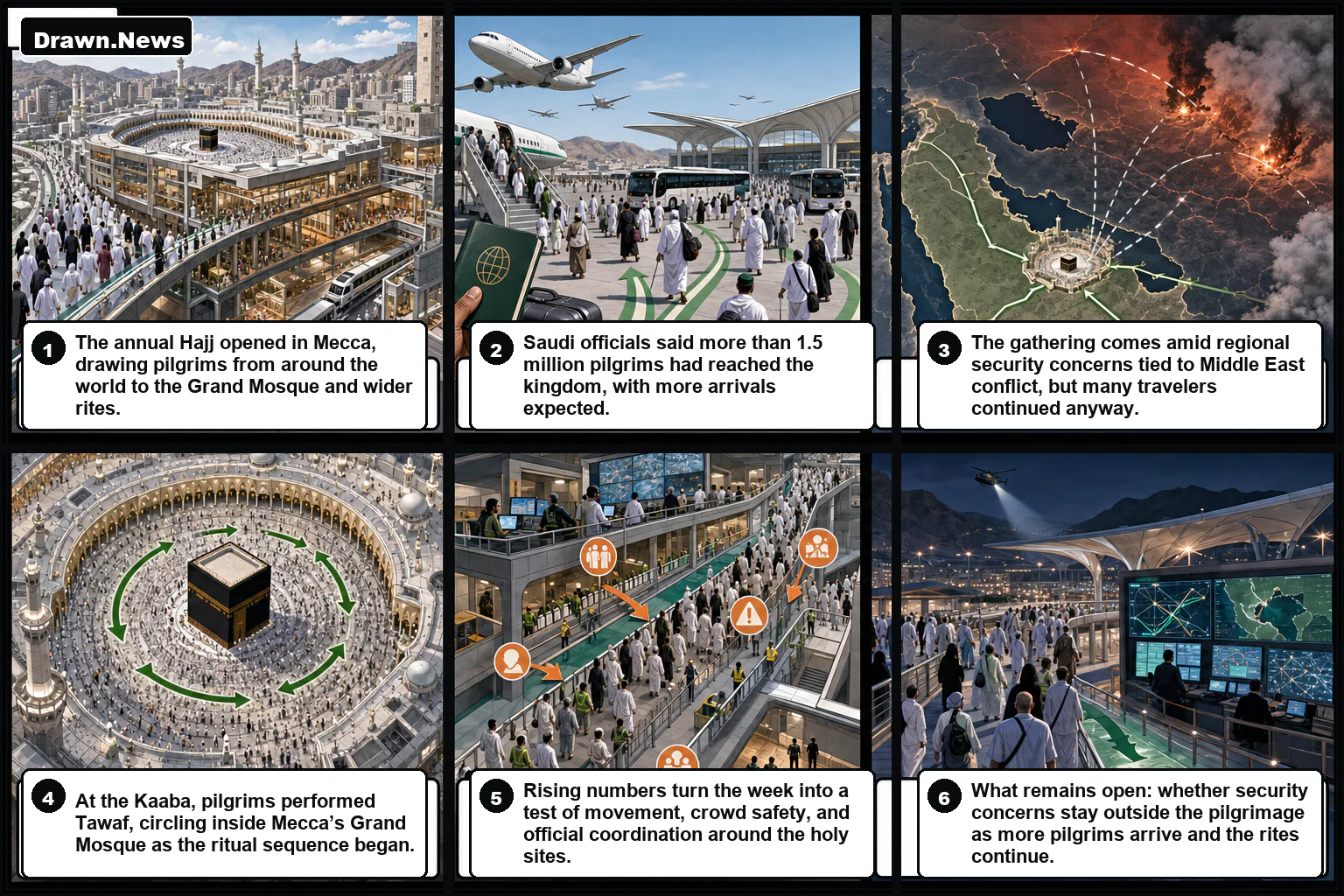 Drawn.News visual brief: Millions gather in Mecca for Hajj despite security concerns