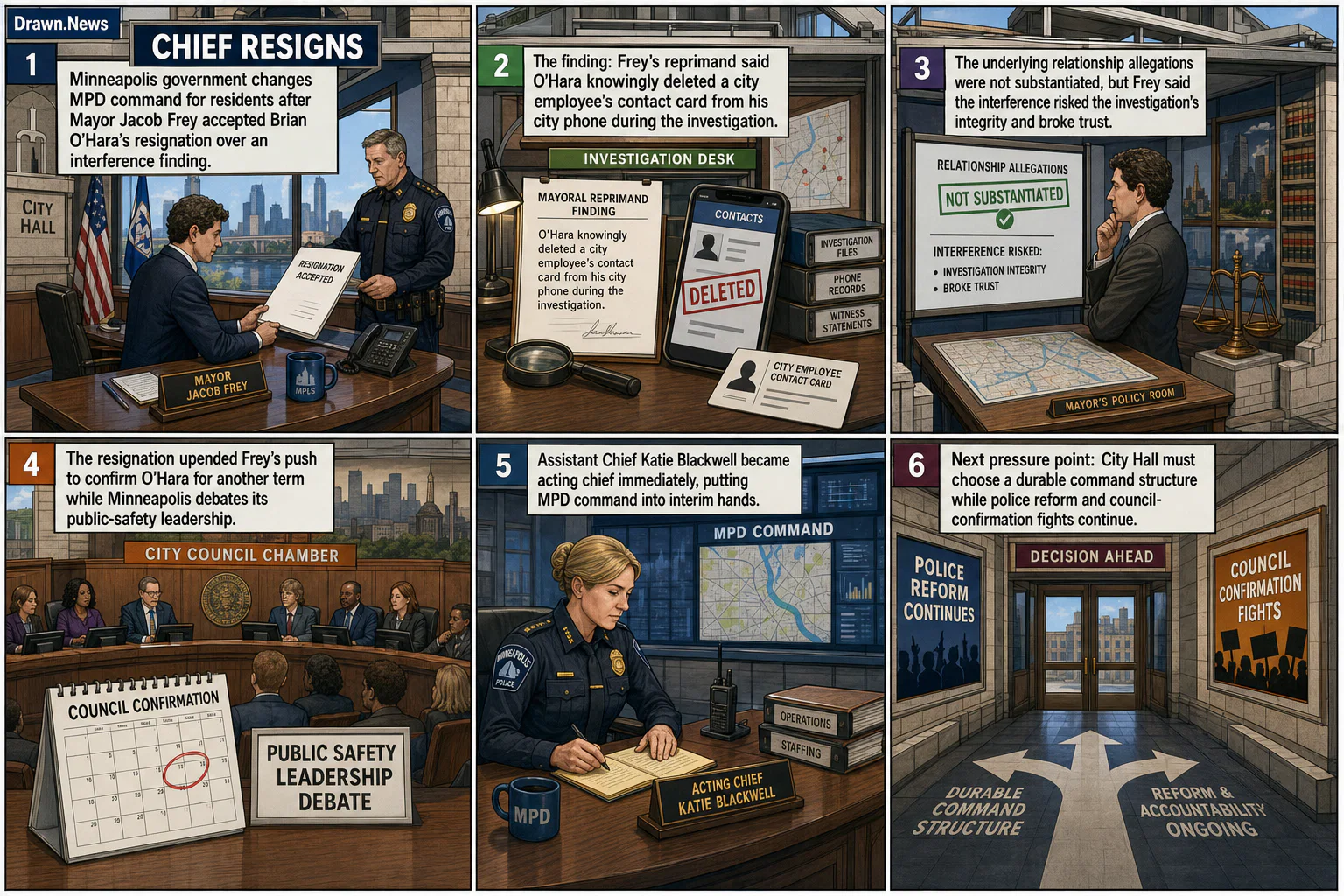 Drawn.News visual brief: Minneapolis Police Chief Brian O’Hara Resigns After Investigation