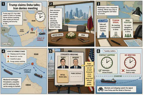 Drawn.News visual brief: Trump Claims Doha Talks Amid Hormuz Risk; Iran Denies Meeting
