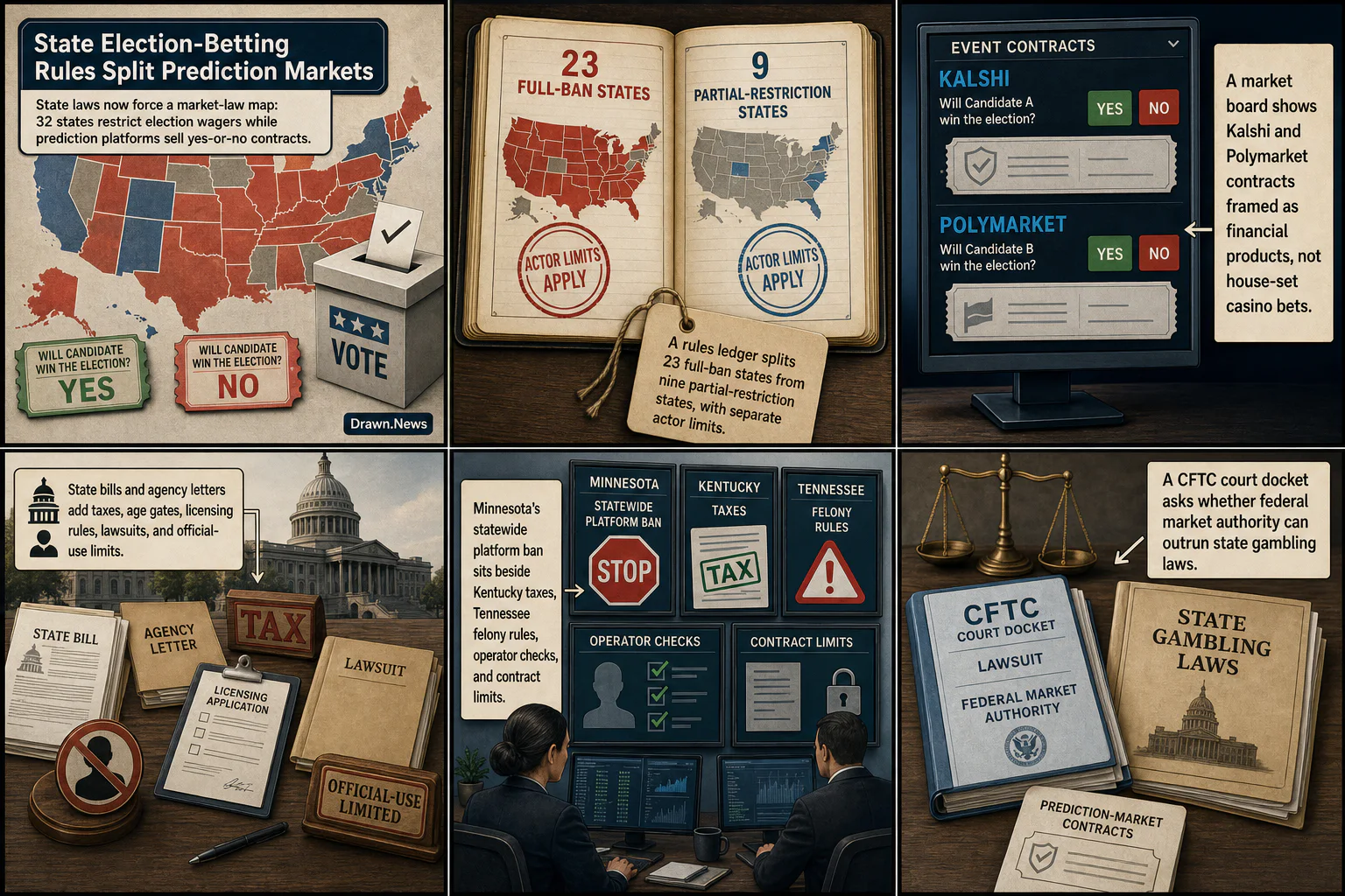Drawn.News visual brief: State Election-Betting Rules Split Prediction Markets