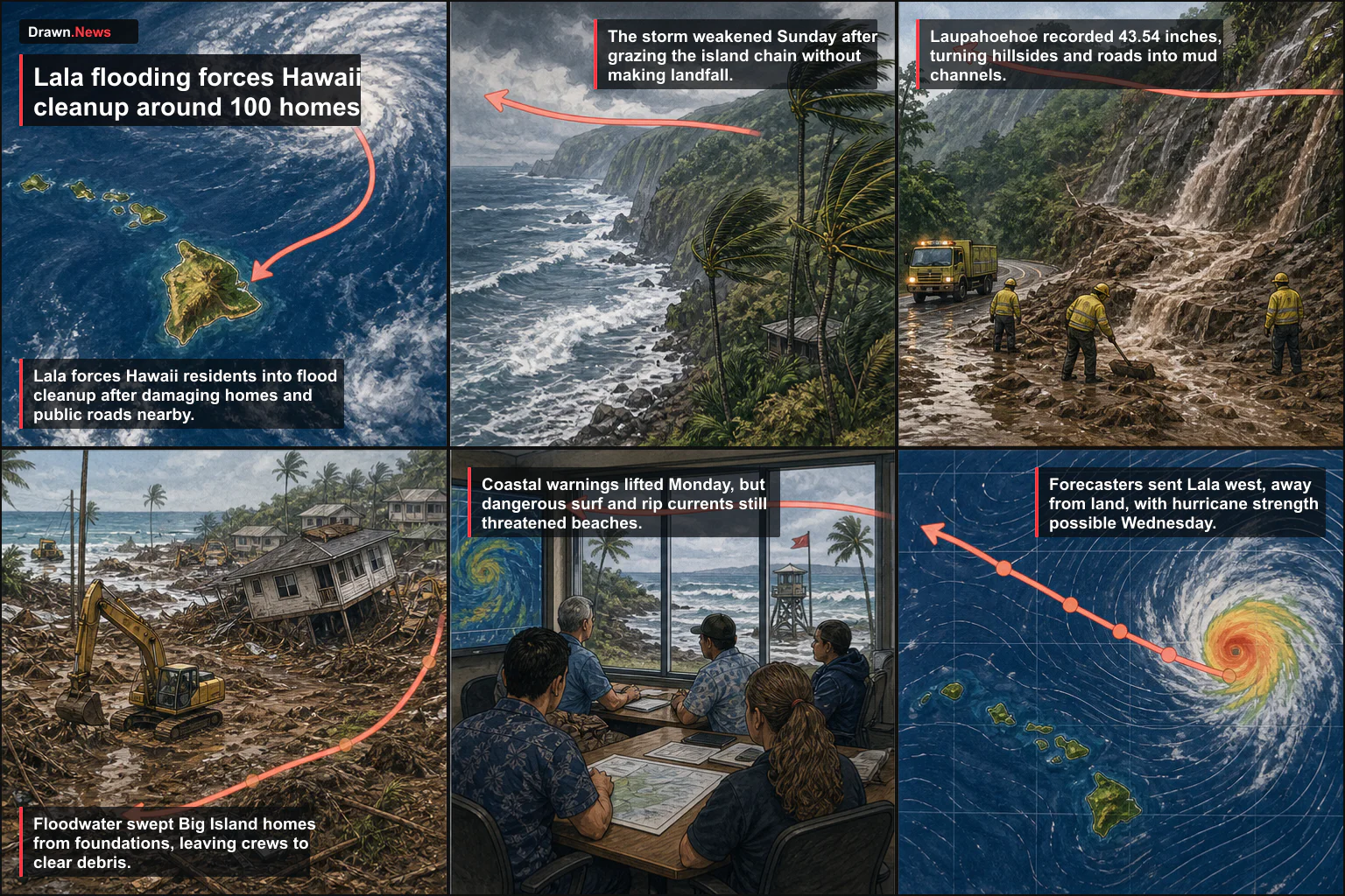 Drawn.News visual brief: Lala Flooding Forces Hawaii Cleanup Around 100 Homes
