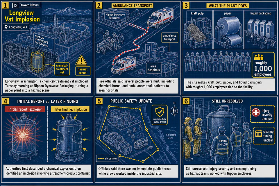 Drawn.News comic: Multiple people injured in chemical vat implosion at Washington state facility