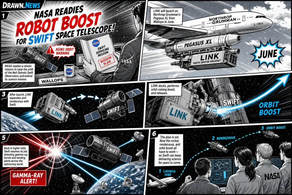 Drawn.News strip: NASA readies robot boost for Swift space telescope