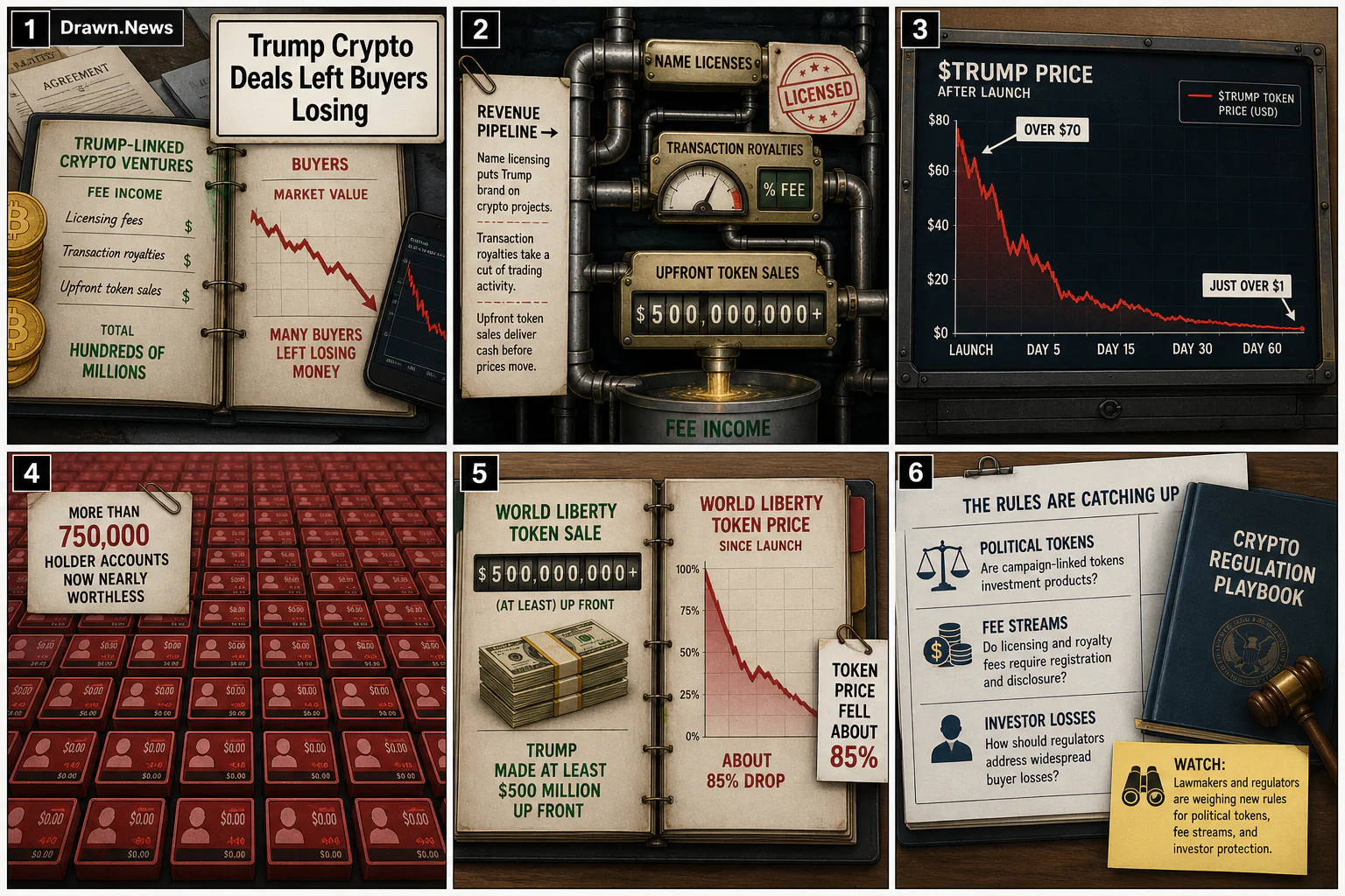 Drawn.News visual brief: Trump Crypto Deals Left Buyers Losing Money
