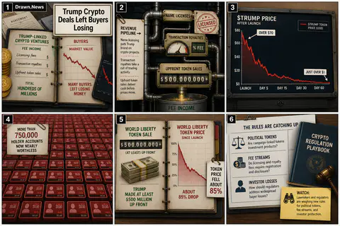 Drawn.News visual brief: Trump Crypto Deals Left Buyers Losing Money