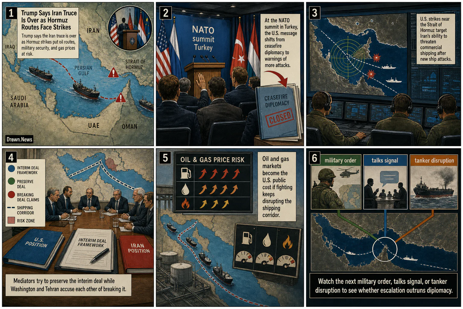 Drawn.News visual brief: Trump Says Iran Truce Is Over as Hormuz Strikes Threaten Oil Routes