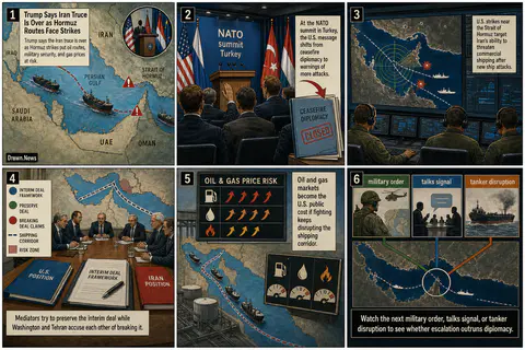 Drawn.News visual brief: Trump Says Iran Truce Is Over as Hormuz Strikes Threaten Oil Routes