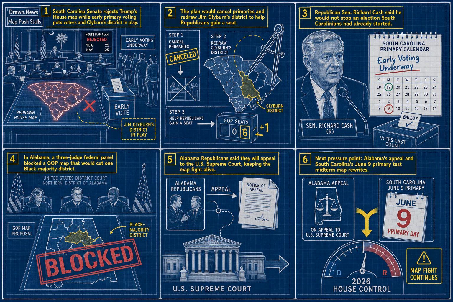 Drawn.News visual brief: Southern redistricting push stalls