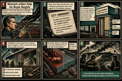 Drawn.News visual brief: Newsom orders help for Boyle Heights fire