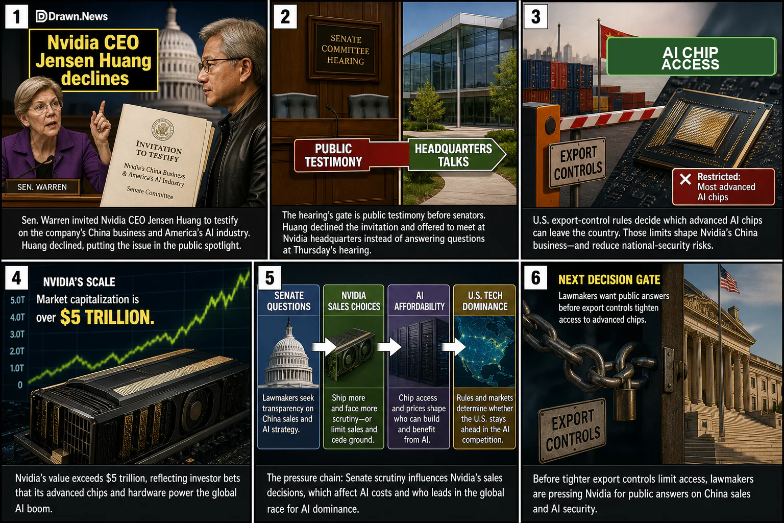 Drawn.News visual brief: Nvidia CEO Jensen Huang Declines Warren’s Request to Testify at AI Hearing