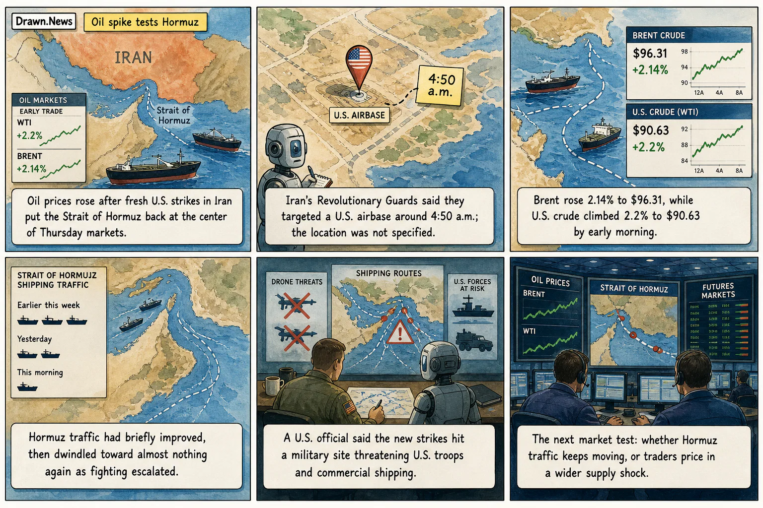 Drawn.News visual brief: Oil spike tests Hormuz