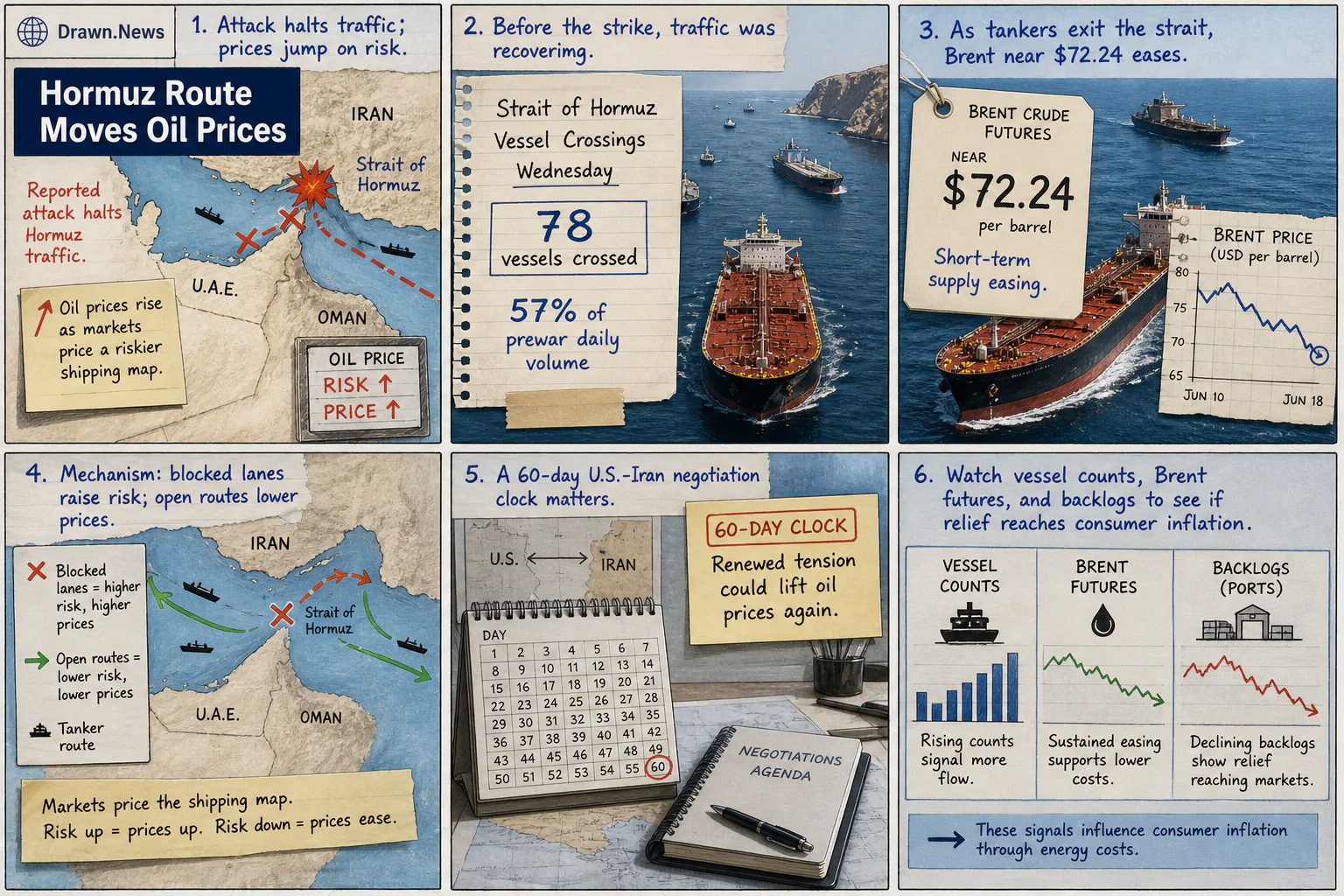 Drawn.News visual brief: Hormuz Route Moves Oil Prices