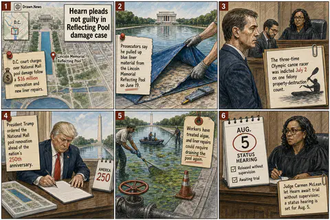Drawn.News visual brief: David Hearn pleads not guilty in $16M Reflecting Pool damage case