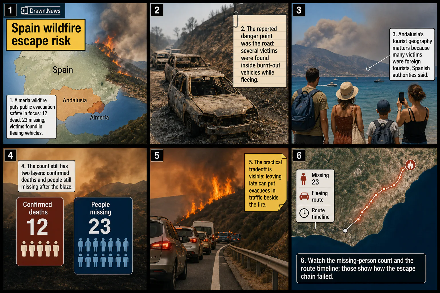 Drawn.News visual brief: Spain Wildfire Deaths Show the Escape-Route Risk