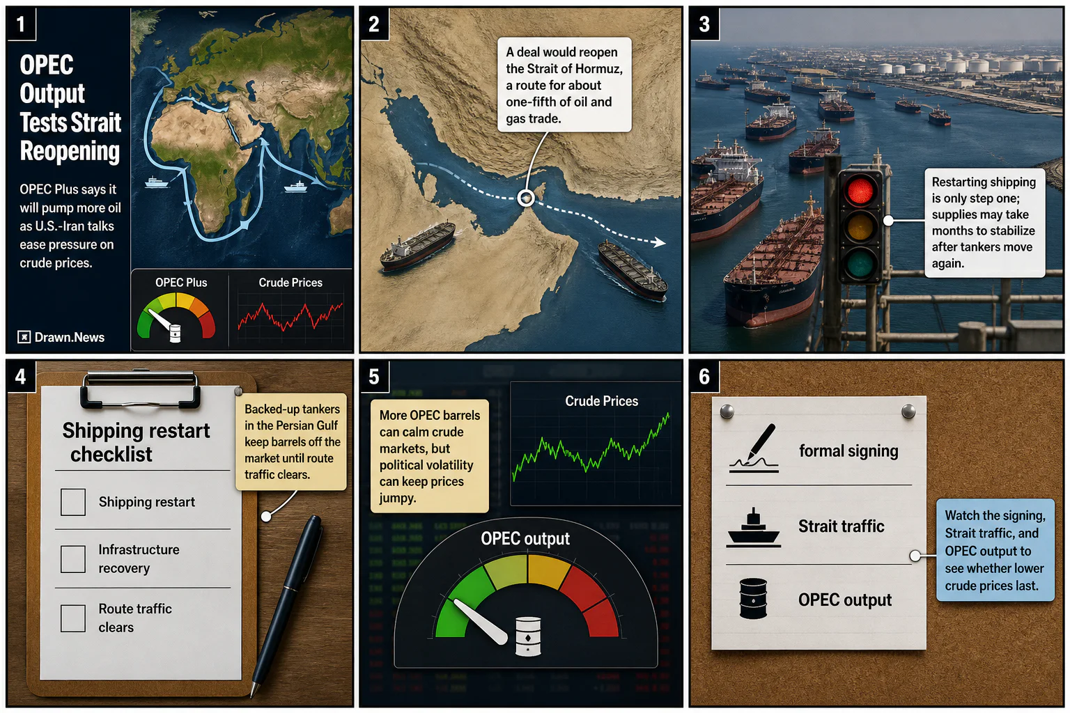 Drawn.News visual brief: OPEC Plus Output Pledge Tests Strait Reopening Timeline