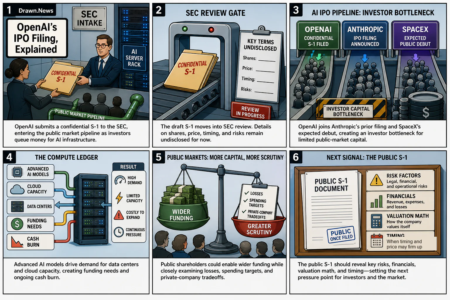 Drawn.News visual brief: OpenAI Files for IPO as AI Investment Race Intensifies