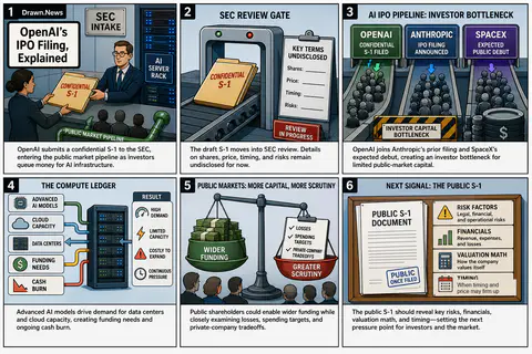 Drawn.News visual brief: OpenAI Files for IPO as AI Investment Race Intensifies