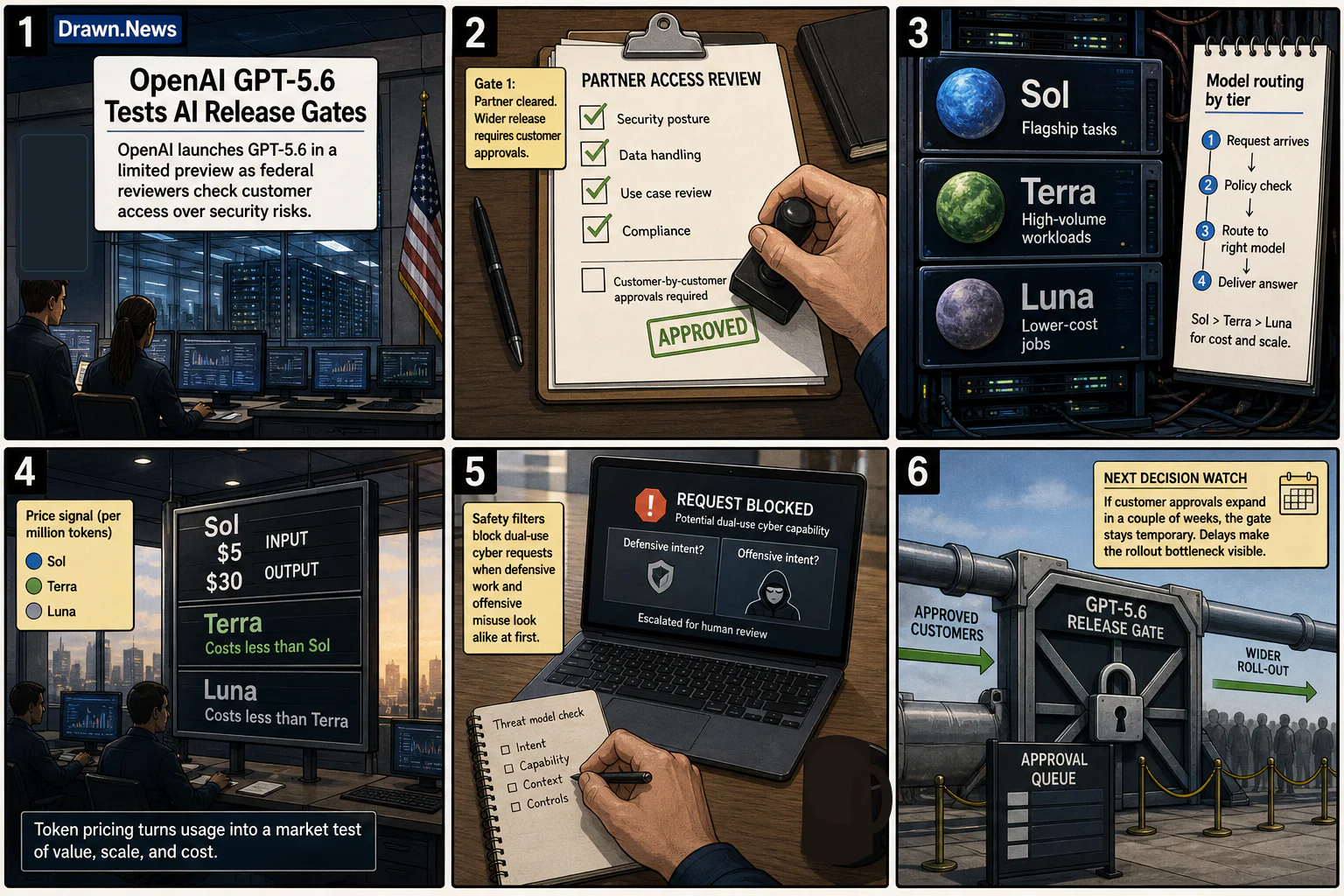 Drawn.News visual brief: OpenAI GPT-5.6 Tests AI Release Gates