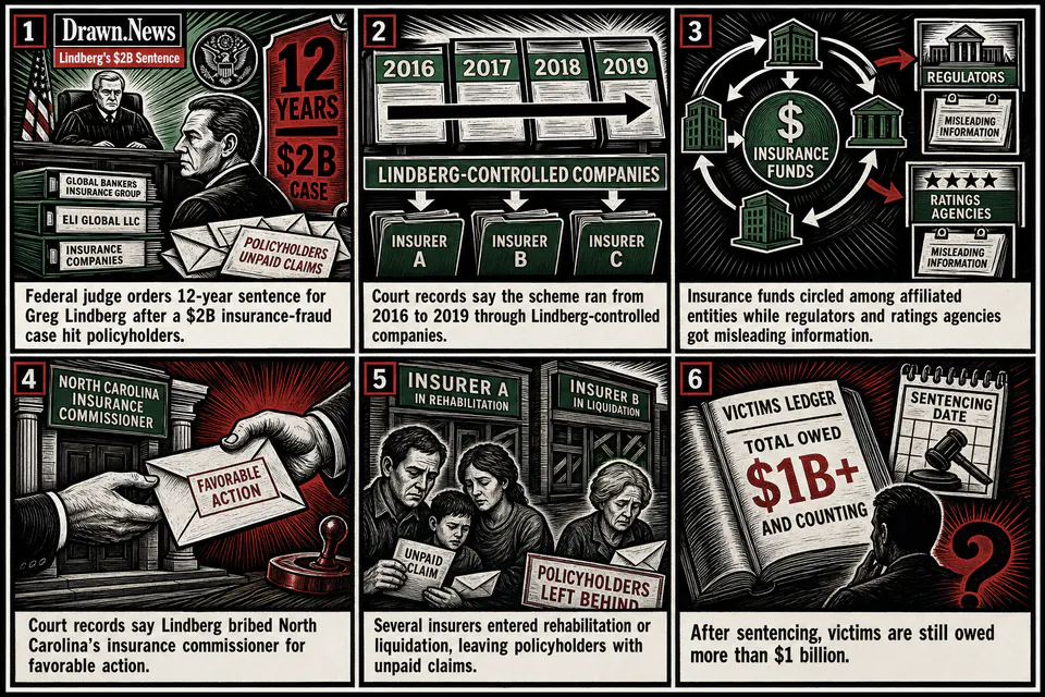 Drawn.News comic: Lindberg's $2B Fraud Sentence