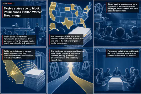 Drawn.News visual brief: Twelve states sue to block Paramount's $110bn Warner Bros. merger