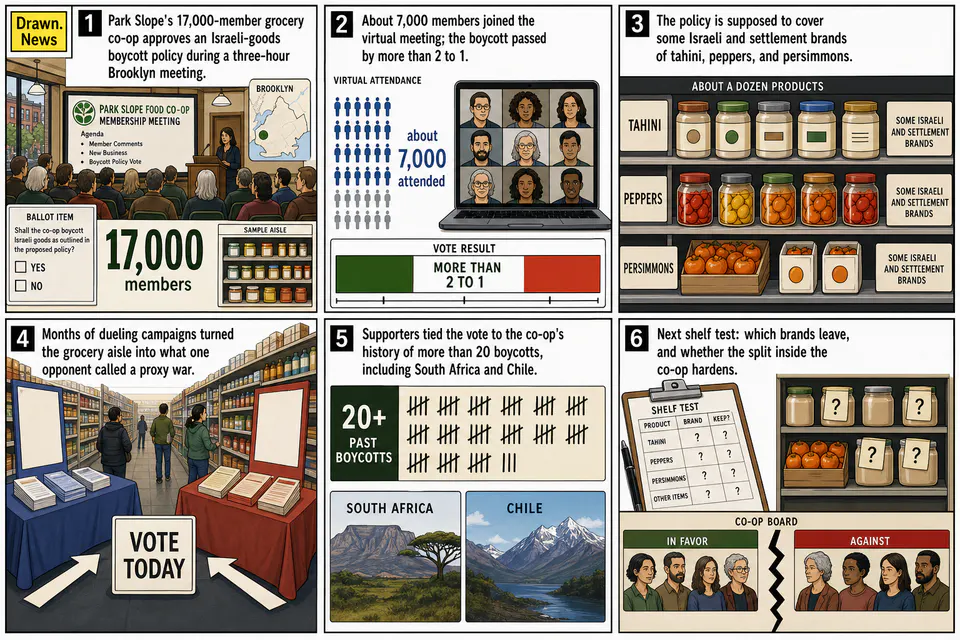 Drawn.News comic: Park Slope Food Co-op Votes to Boycott Israeli Products