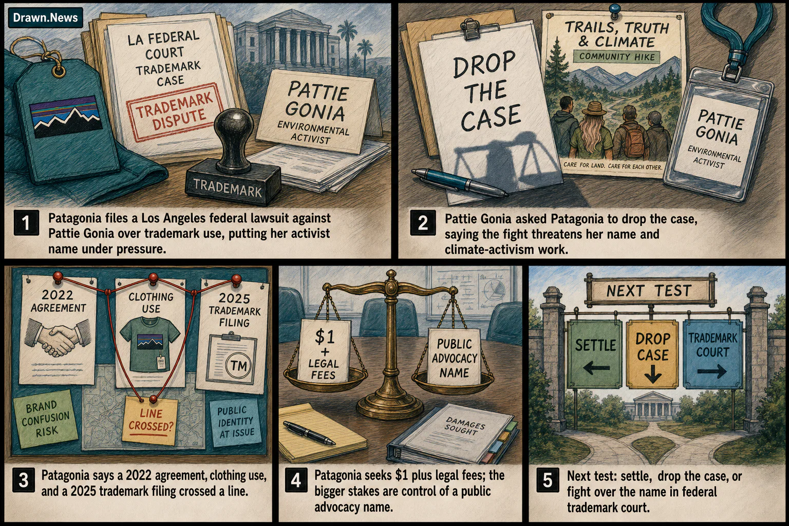 Drawn.News visual brief: Patagonia lawsuit tests Pattie Gonia name